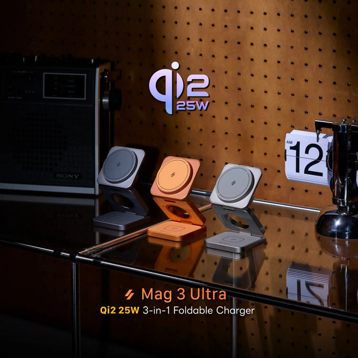 แท่นชาร์จไร้สายพับได้ Adam Element Mag 3 Ultra 3-in-1 มาตรฐาน Qi2.2 25W สำหรับ iPhone, AirPods และ Apple Watch ชาร์จเร็ว ปลอดภัย ดีไซน์อะลูมิเนียมพรีเมียม