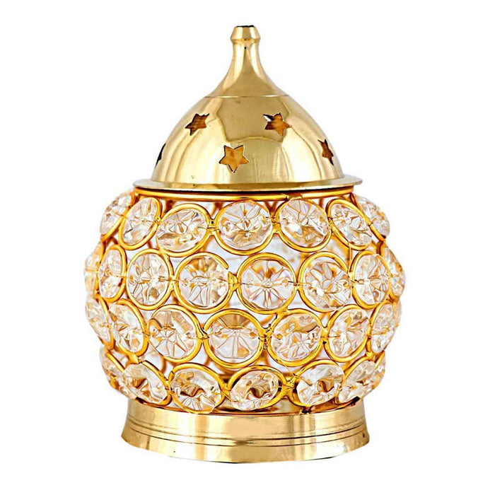 Akhand Diya Decorative Brass Crystal Tea Light Puja Lamp (Small) - Chirukaanuka