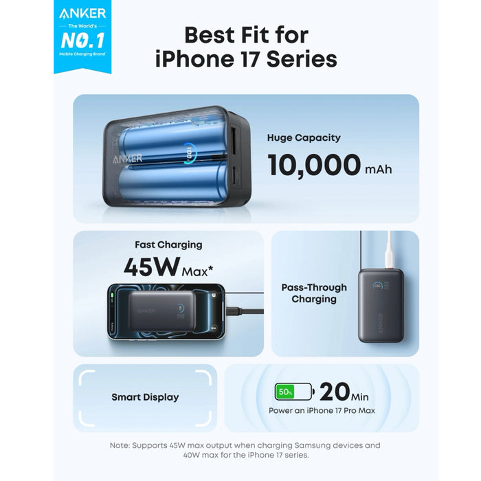 แบตเตอรี่สำรอง Anker Nano ความจุ 10,000mAh ชาร์จเร็วสูงสุด 45W พร้อมสาย USB-C ในตัว ขนาดกะทัดรัด รองรับ iPhone Samsung และ MacBook