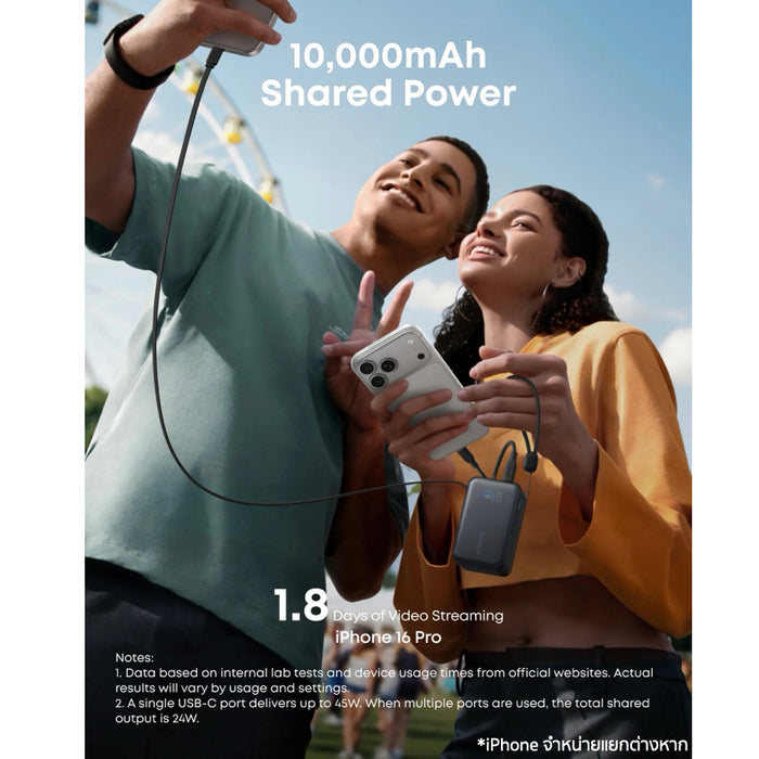 แบตเตอรี่สำรอง Anker Nano ความจุ 10,000mAh ชาร์จเร็วสูงสุด 45W พร้อมสาย USB-C ในตัว ขนาดกะทัดรัด รองรับ iPhone Samsung และ MacBook