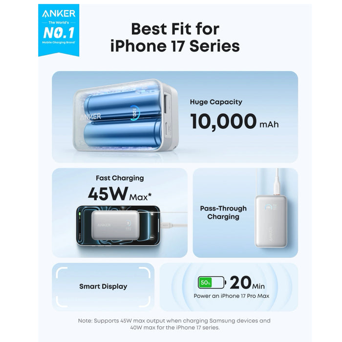 แบตเตอรี่สำรอง Anker Nano ความจุ 10,000mAh ชาร์จเร็วสูงสุด 45W พร้อมสาย USB-C ในตัว ขนาดกะทัดรัด รองรับ iPhone Samsung และ MacBook