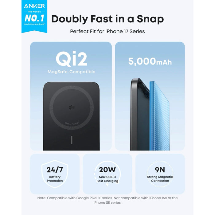 Anker Nano Slim Power Bank 5000mAh แบตสำรองแม่เหล็กบางเฉียบ รองรับ Qi2 และ MagSafe-Compatible ชาร์จไร้สาย 15W พร้อม USB-C 20W