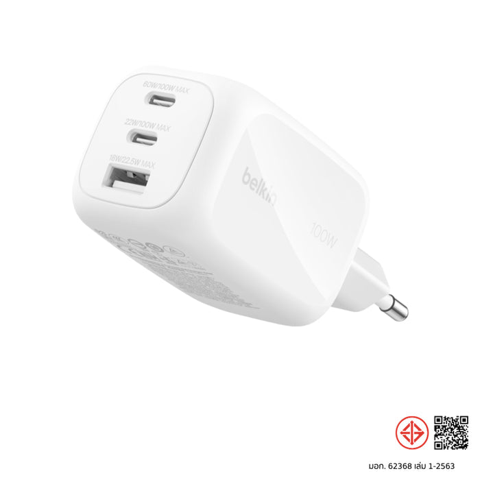 หัวชาร์จ Belkin Belkin BoostCharge Pro 3 Ports 2 x USB-C PD3.1 and USB-A 100W TH