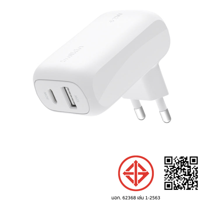 หัวชาร์จ Belkin BOOST CHARGE Dual USB-C 30W และ USB-A 12W PPS สูงสุด 42W (ปลั๊ก TH)