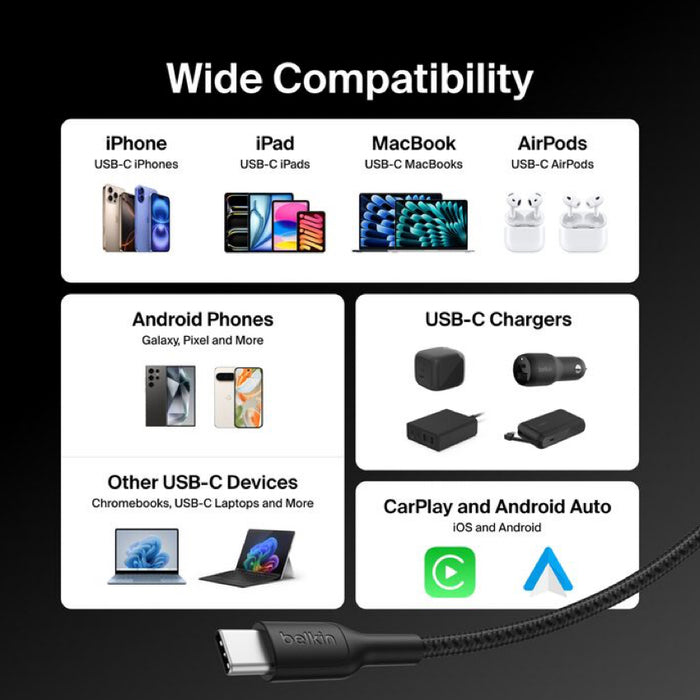 สายชาร์จ Belkin แบบถักพรีเมียม สีดำ 2 เมตร