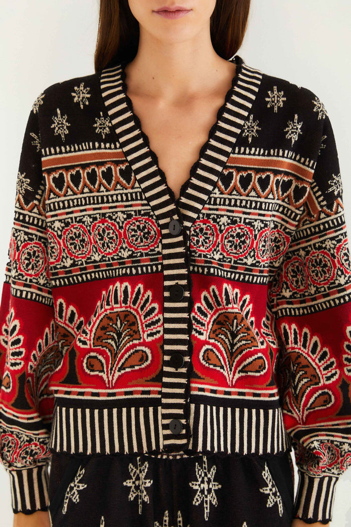 FARM Rio model wearing the Black Ainika Love Coconut Groove Knit Cardigan