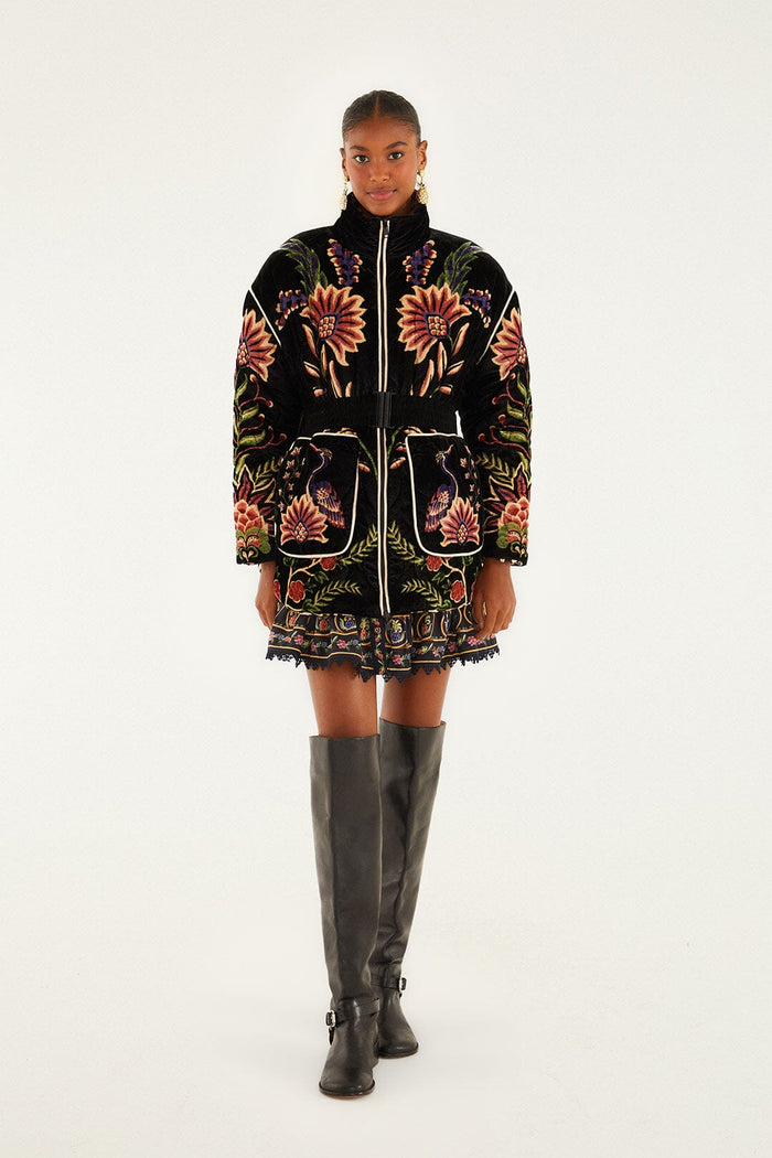 FARM Rio model wearing the Black Marvelous Garden Puffer Jacket