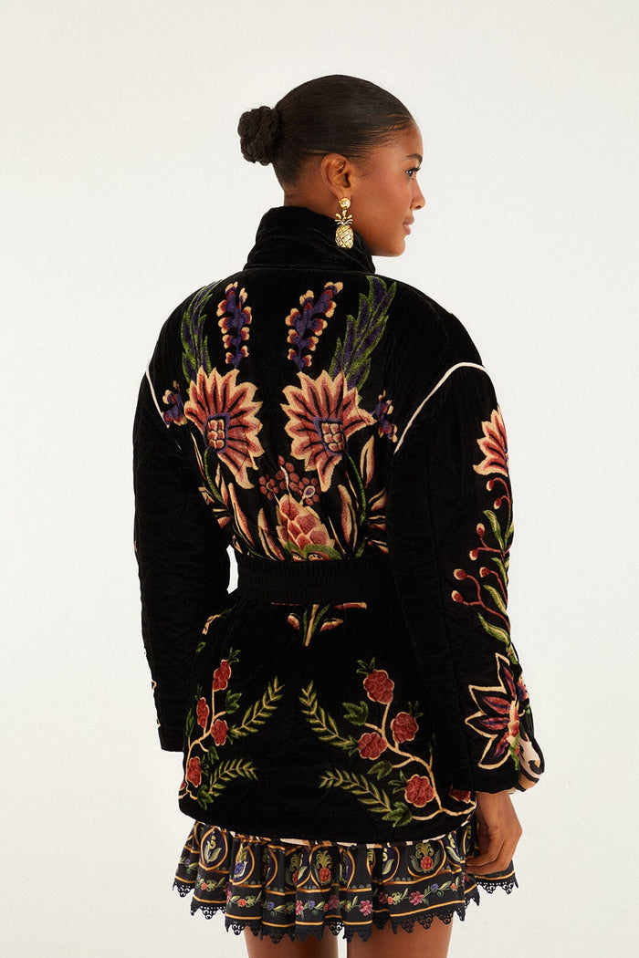 FARM Rio model wearing the Black Marvelous Garden Puffer Jacket