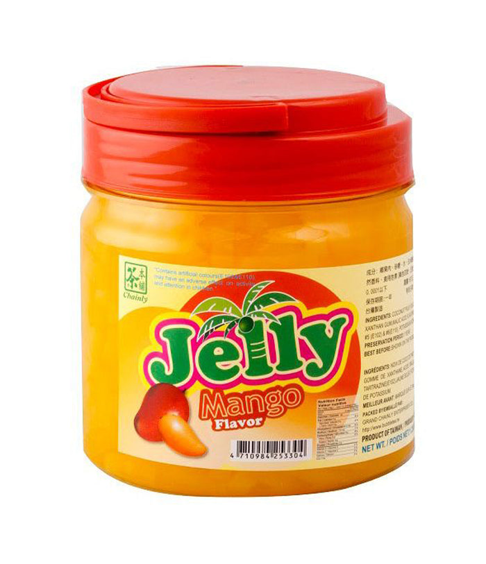 A jar of Chainly Jelly with Mango Flavor, 567g, with a red lid on a white background.