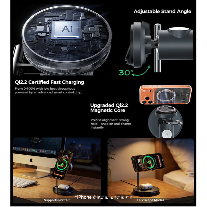 Choetech 3 in 1 Stand Wireless Charger Qi2.2 25W แท่นชาร์จไร้สาย Qi2.2 ชาร์จ iPhone, AirPods และ Apple Watch พร้อมกัน