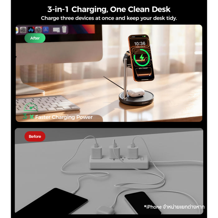 Choetech 3 in 1 Stand Wireless Charger Qi2.2 25W แท่นชาร์จไร้สาย Qi2.2 ชาร์จ iPhone, AirPods และ Apple Watch พร้อมกัน