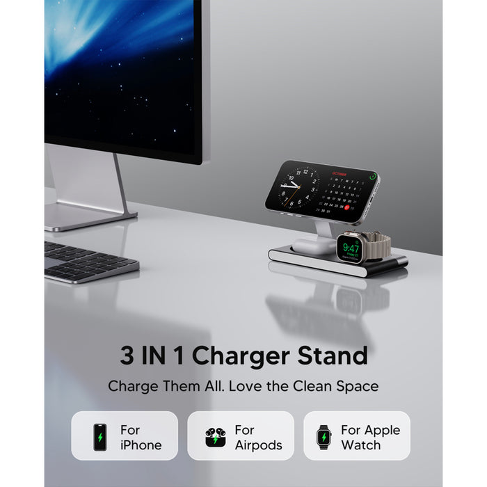 CHOETECH แท่นชาร์จไร้สาย 3-in-1 รองรับ iPhone 12-17 Series, Apple Watch และ AirPods ชาร์จพร้อมกันสูงสุด 15W ดีไซน์พับเก็บได้ พกพาสะดวก