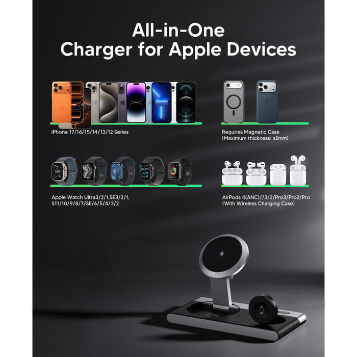 CHOETECH แท่นชาร์จไร้สาย 3-in-1 รองรับ iPhone 12-17 Series, Apple Watch และ AirPods ชาร์จพร้อมกันสูงสุด 15W ดีไซน์พับเก็บได้ พกพาสะดวก