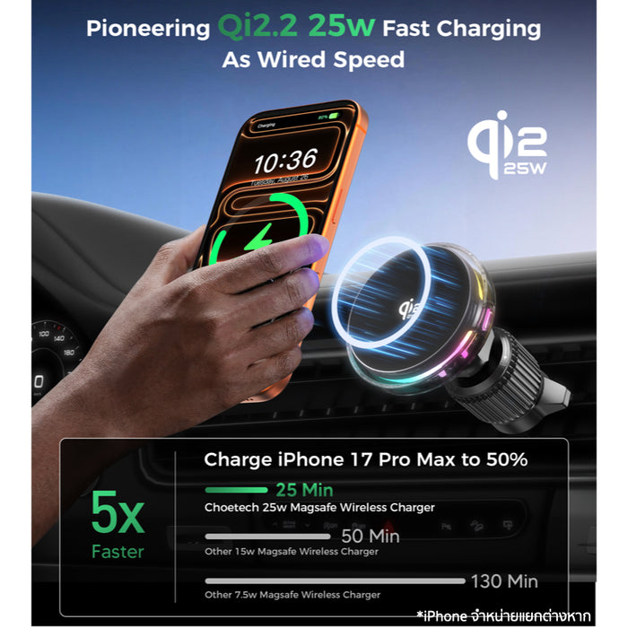 แท่นชาร์จไร้สายในรถ Choetech CoolaX 25W รองรับ Qi2.2 พร้อมพัดลมระบายความร้อน แม่เหล็กแรง ยึดแน่นสำหรับ iPhone 12-17 Series