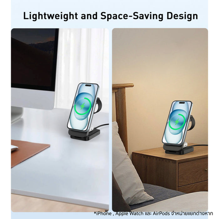 Choetech MagLeap 3-in-1 Wireless Charger ชาร์จ iPhone, Apple Watch และ AirPods พร้อมกัน รองรับ Qi2 15W พับได้ พกพาง่าย ถอดแท่นชาร์จนาฬิกาได้