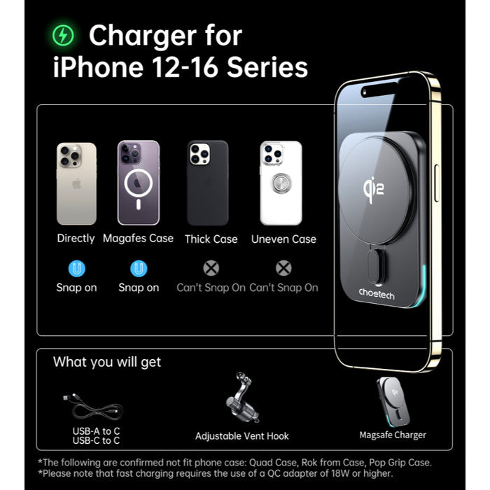 แท่นชาร์จไร้สายแบบแม่เหล็กในรถยนต์ Choetech Qi2 15W สี Black
