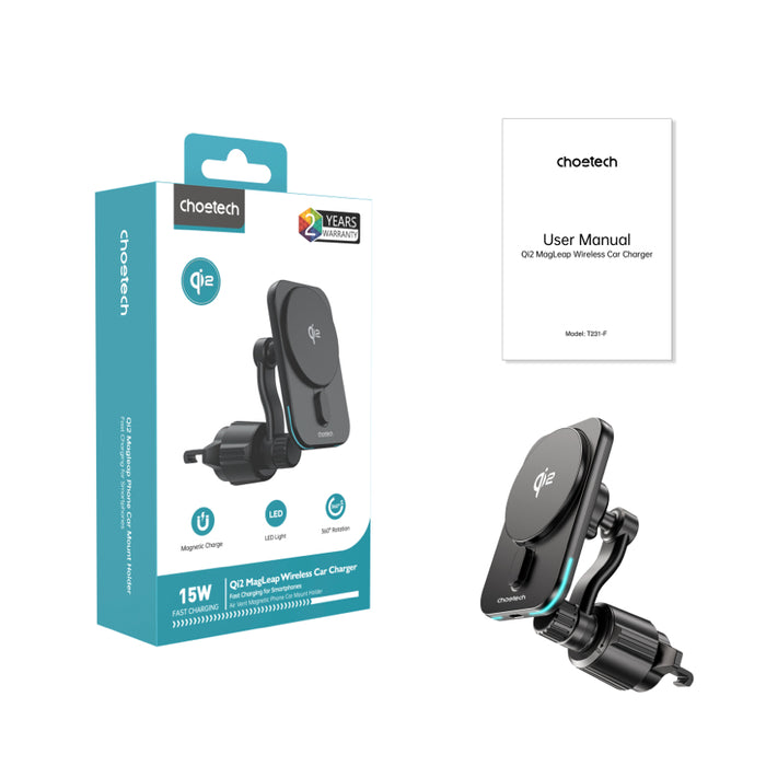 แท่นชาร์จไร้สายแบบแม่เหล็กในรถยนต์ Choetech Qi2 15W สี Black
