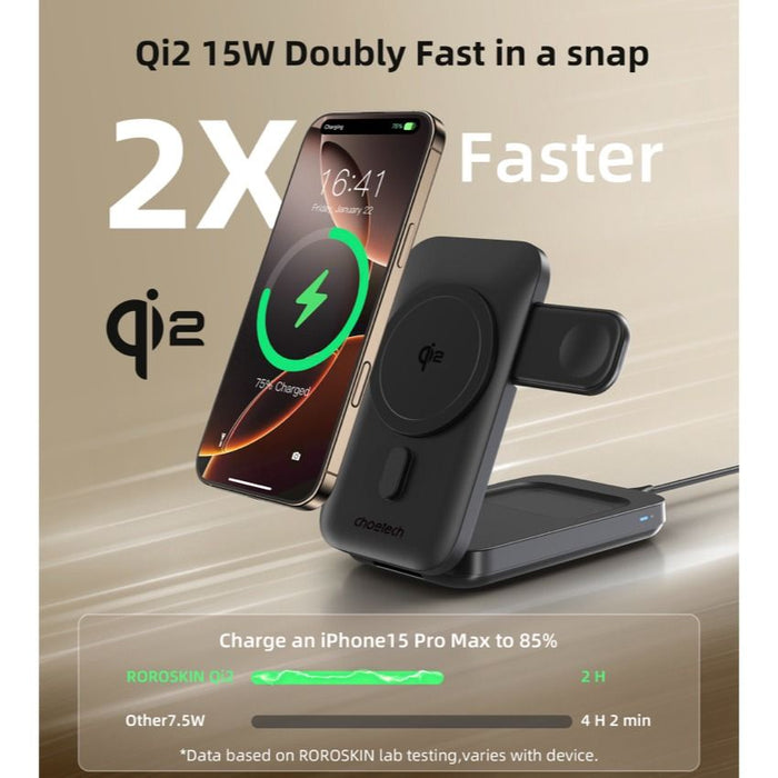 แท่นชาร์จไร้สาย Choetech Qi2 3 in 1 แบบพับได้ 15W - Black