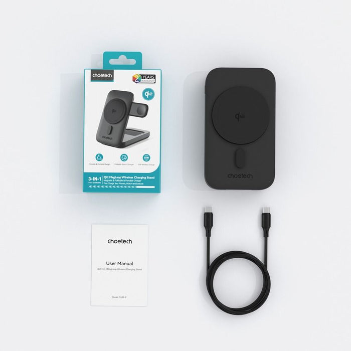 แท่นชาร์จไร้สาย Choetech Qi2 3 in 1 แบบพับได้ 15W - Black