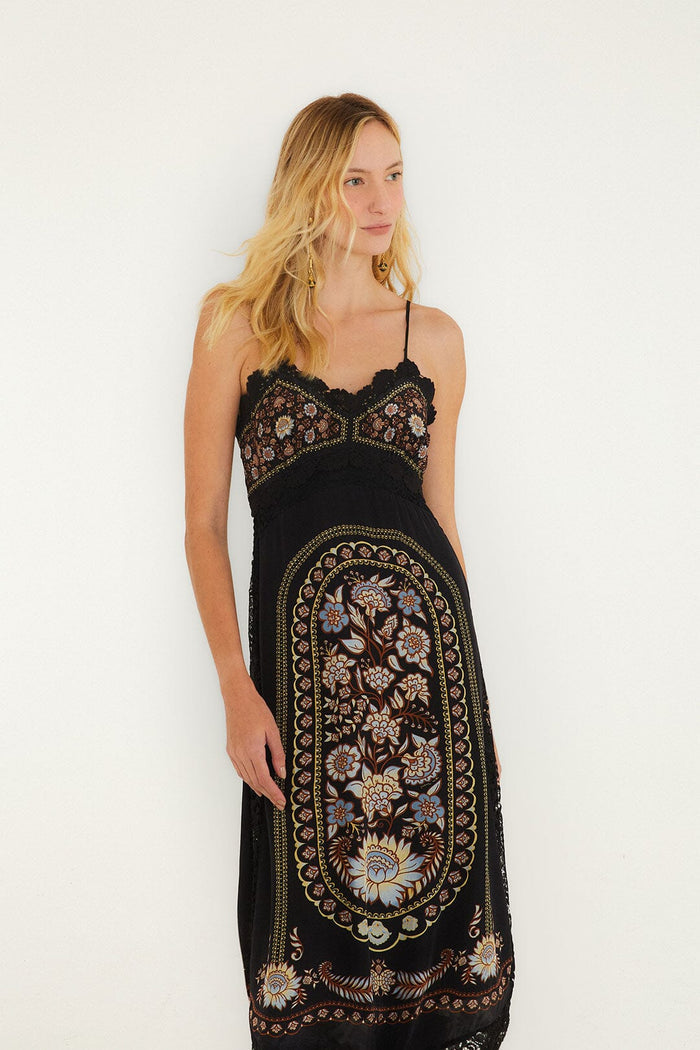 FARM Rio model wearing the Daniela Black Midi Dress