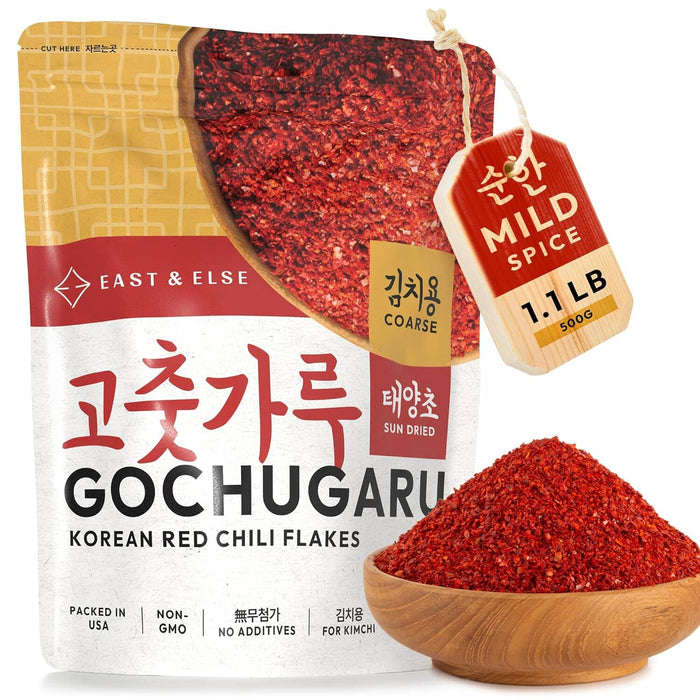 East and Else Gochugaru, Korean Red Chili Pepper Flakes, Coarse Grind for Kimchi, 1.1 LB (500g) Bulk Resealable Bag, Premium 100% Sun-Dried Chili Powder for Stews, Chili Oil, and Asian Cooking East and Else
