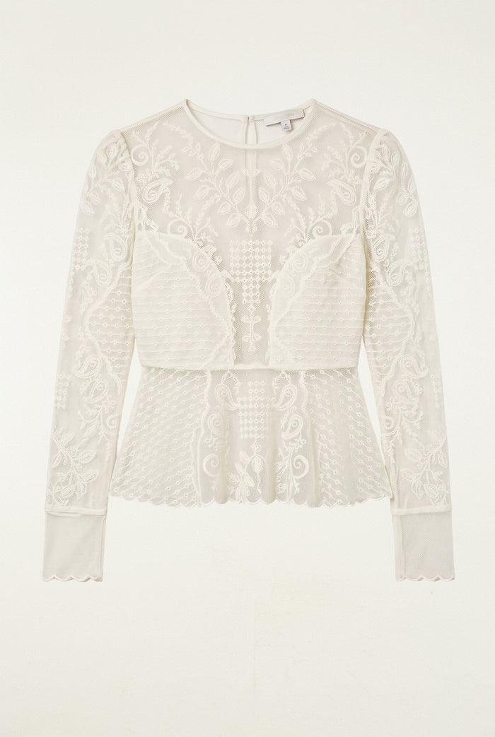 Embroidered Tulle Long Sleeve Blouse