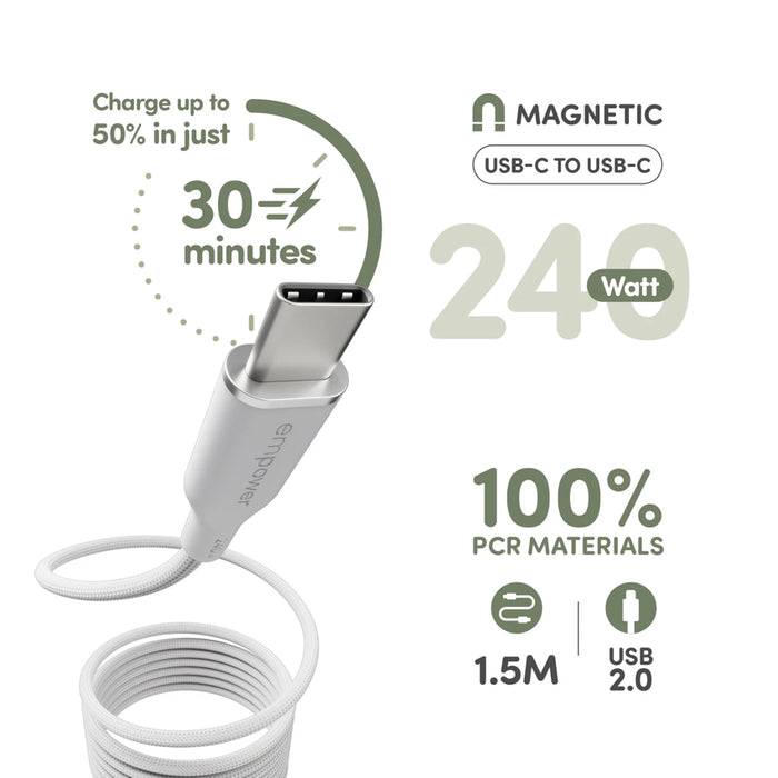 USB-C to USB-C Cable สี Silver White จาก Empower by PanzerGlass ความยาว 1.5M ดีไซน์แม่เหล็กเก็บสายง่าย