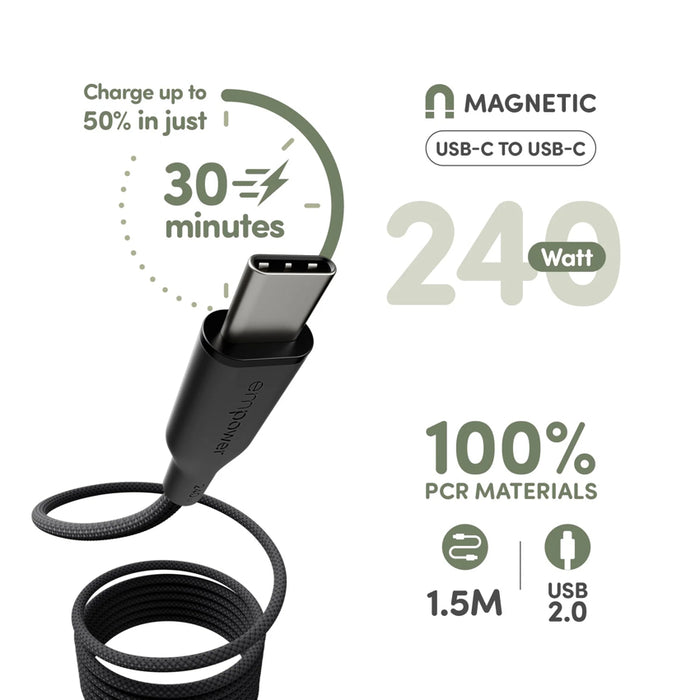 USB-C to USB-C Cable สี Space Black จาก Empower by PanzerGlass ความยาว 1.5M ดีไซน์แม่เหล็กเก็บสายง่าย