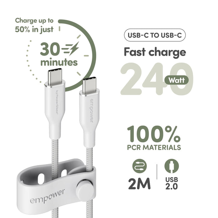USB-C to USB-C Cable สี Silver White จาก Empower by PanzerGlass ความยาว 2M ใช้งานสะดวกและทนต่อการงอสูงสุด 30,000 ครั้ง