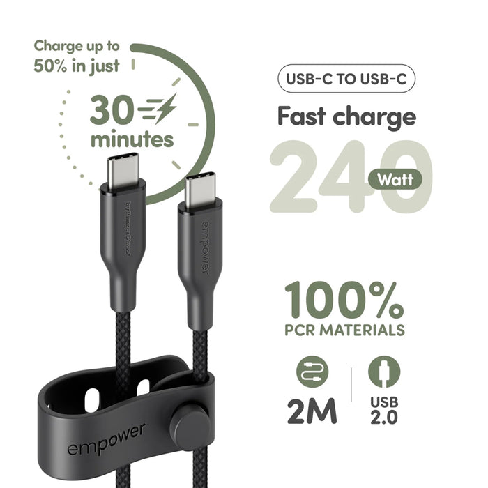 USB-C to USB-C Cable สี Space Black จาก Empower by PanzerGlass ความยาว 2M ใช้งานสะดวกและทนต่อการงอสูงสุด 30,000 ครั้ง