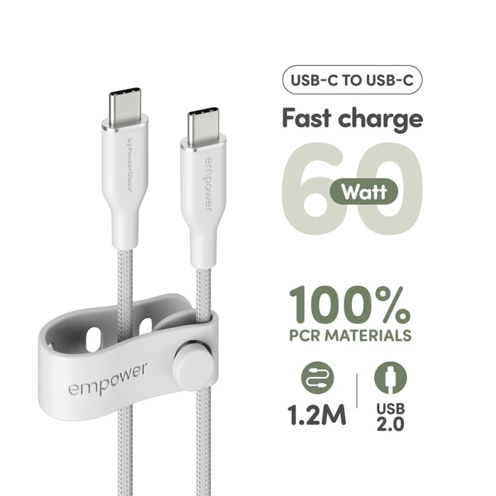 Empower by Panzerglass Racing Cable product specifications infographic showing 60W power output and 1.2M length