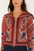 FARM Rio model wearing the Floral Beauty Tapestry Blush Pink Knit Cardigan