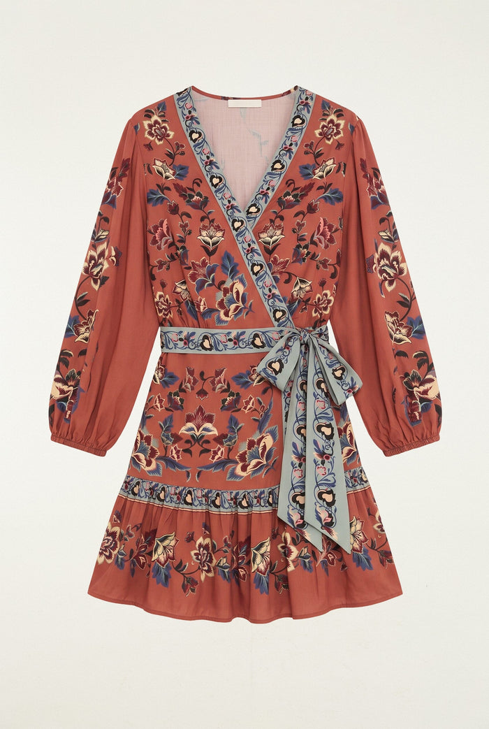 Floral Beauty Tapestry Wrap Mini Dress