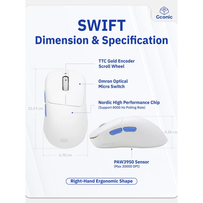 เมาส์เกมมิ่งไร้สาย Gconic SWIFT 8K เซนเซอร์ PAW3950 DPI 30,000 ลื่นด้วย 8000Hz น้ำหนักเบา 57g แบตอึด 120 ชม. เช็คราคาเลย