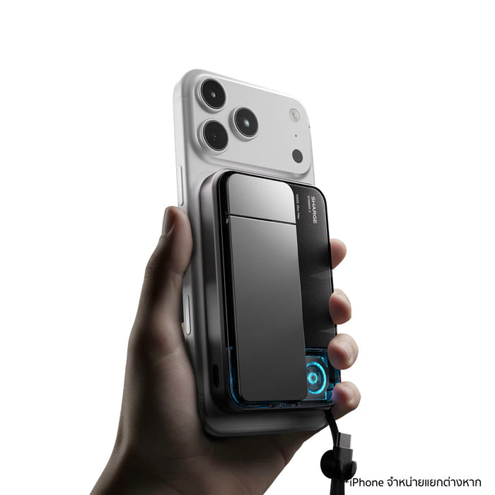 Power Bank รุ่น SHARGE Icemag3 สีดำ ดีไซน์โปร่งใสพรีเมียม มาพร้อมระบบชาร์จไร้สายแม่เหล็ก Qi2 25W และพัดลมระบายความร้อน Active Cooling รองรับการชาร์จหลายอุปกรณ์ พกพาสะดวก เหมาะสำหรับใช้งานทุกวัน