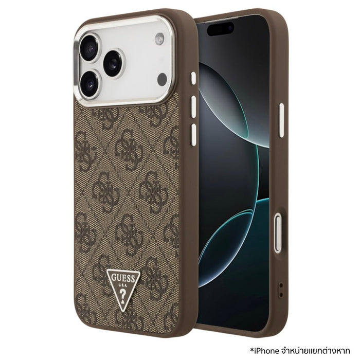 เคส iPhone 17 Pro Max GUESS หนัง PU สีน้ำตาล รองรับ MagSafe ดีไซน์บางหรู โลโก้ 4G Triangle ปกป้องเครื่องรอบด้าน จับถนัด ใช้งานง่ายทุกพอร์ต