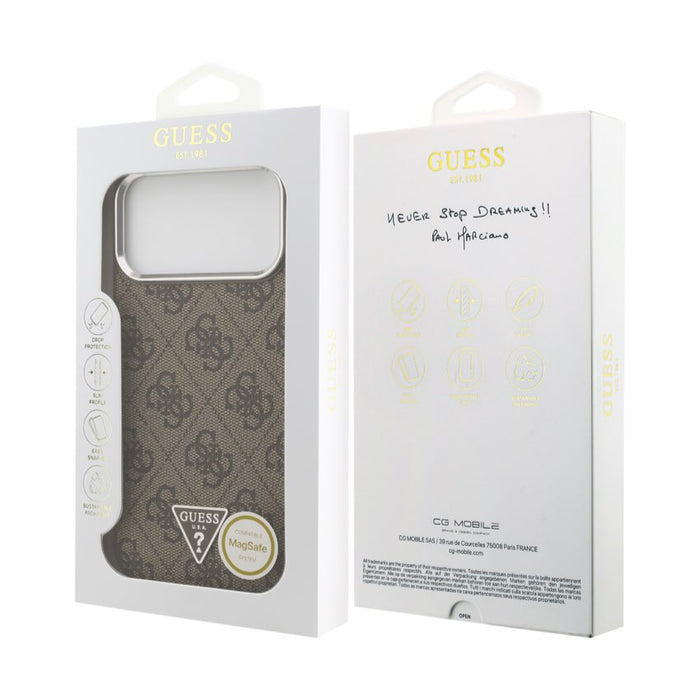 เคส iPhone 17 Pro Max GUESS หนัง PU สีน้ำตาล รองรับ MagSafe ดีไซน์บางหรู โลโก้ 4G Triangle ปกป้องเครื่องรอบด้าน จับถนัด ใช้งานง่ายทุกพอร์ต