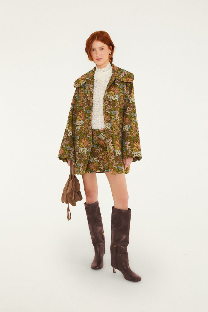 FARM Rio model wearing the Jacquard Arabesque Matelasse Mini Skirt