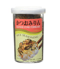 A container of JFC Katsuo Fumi Furikake Rice Seasoning, with a label displaying the product name and an image of seasoned rice.