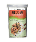 A clear plastic container of JFC Salmon Furikake Rice Seasoning with a label showing the product name and an image of seasoned rice.