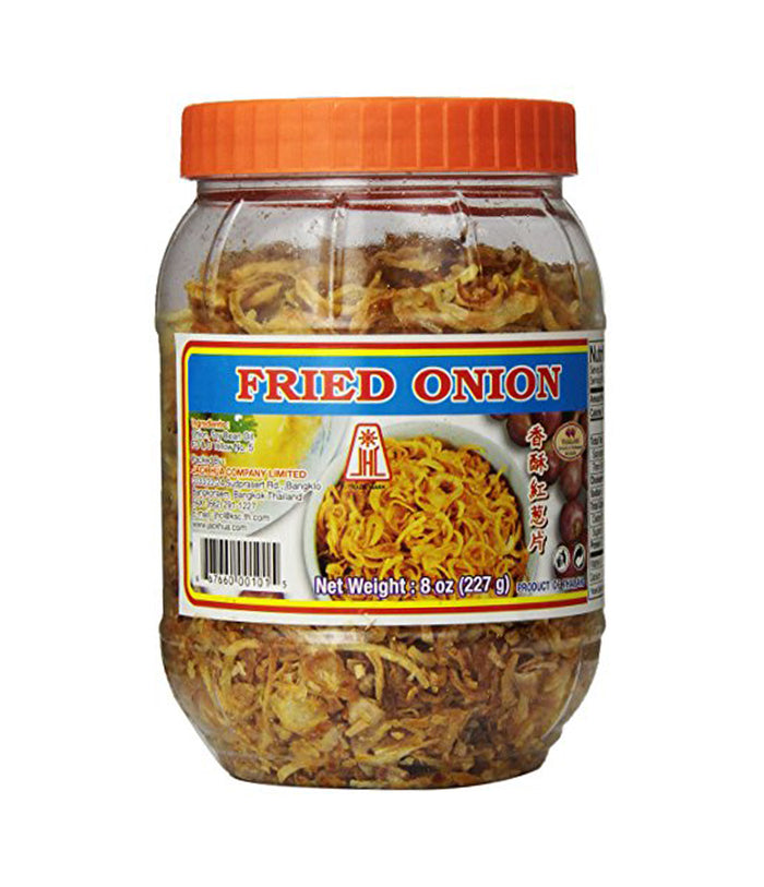 A jar of JHC Fried Red Onion, showing the product inside and the label on the jar.