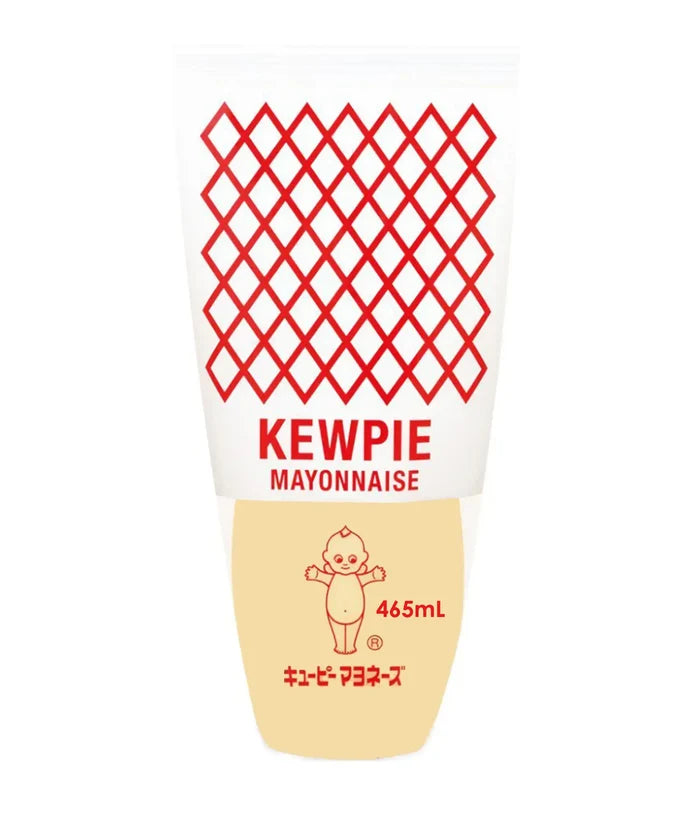 A bottle of Kewpie Mayonnaise, commonly used in Japanese cuisine, with a distinctive red and white checkered design on the label.