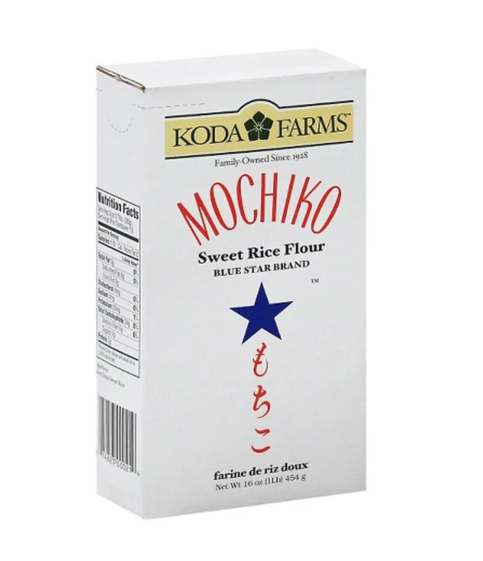 A package of Koda Farms Mochiko Sweet Rice Flour, 454g, with product information and branding visible on the front.