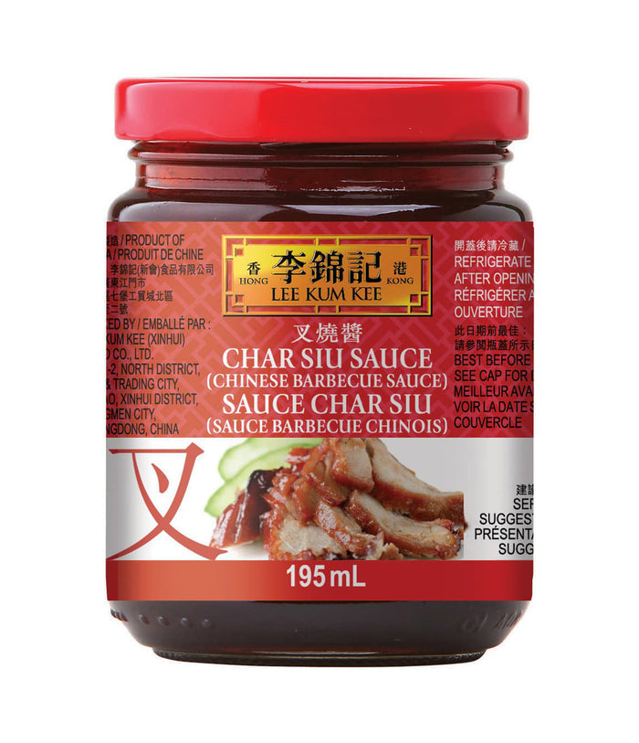 A jar of Lee Kum Kee Char Siu Sauce, typically used for Chinese barbecuing, in a 195ml size.