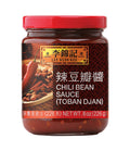 A jar of Lee Kum Kee Chili Bean Sauce (Toban Djan) with a label showing the product name and a picture of chili peppers. The jar is labeled as 226g and 8 oz.