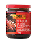 A jar of Lee Kum Kee Chiu Chow Style Chili Oil with a red lid and a label showing the product name and an image of chili peppers.