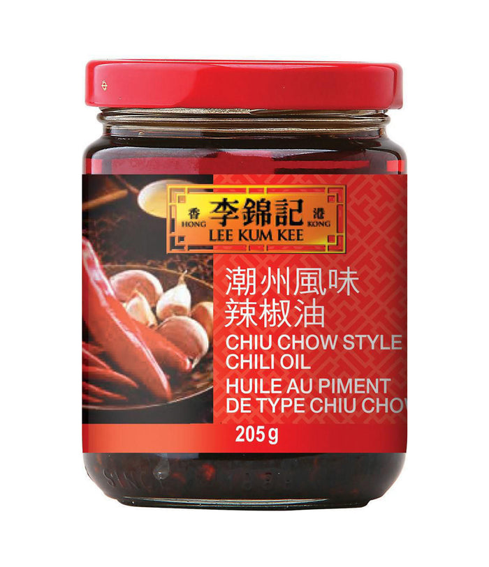 A jar of Lee Kum Kee Chiu Chow Style Chili Oil with a red lid and a label showing the product name and an image of chili peppers.