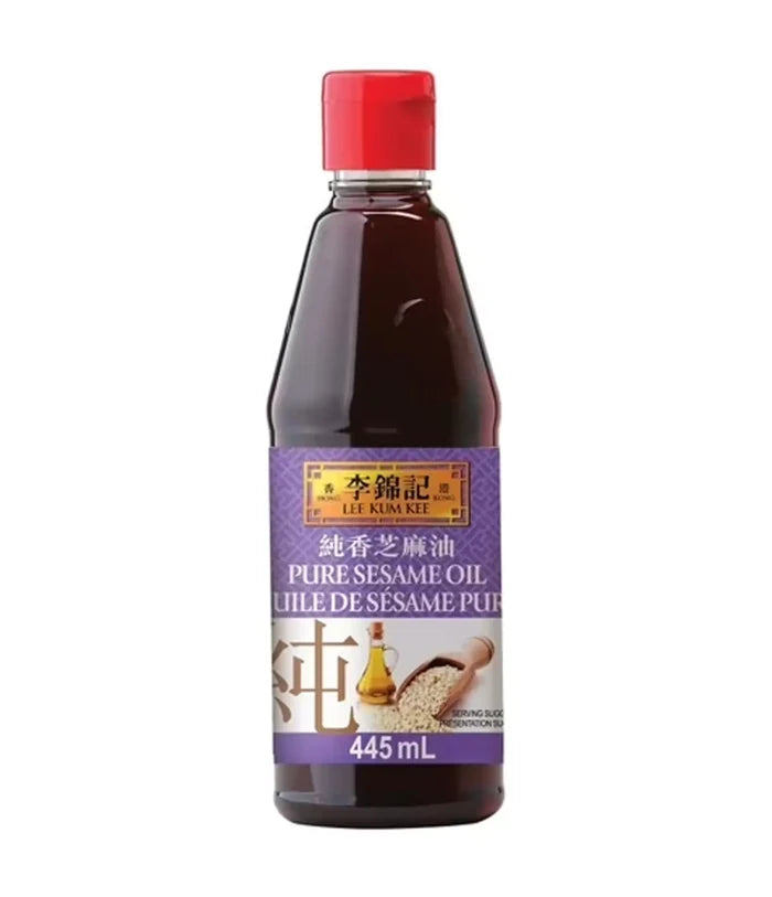 Bottle of Lee Kum Kee pure sesame oil on a white background
