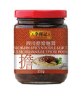 A jar of Lee Kum Kee Sichuan Style Spicy Noodle Sauce with a label showing the product name and an image of noodles with sauce. The weight of the product is 233g.