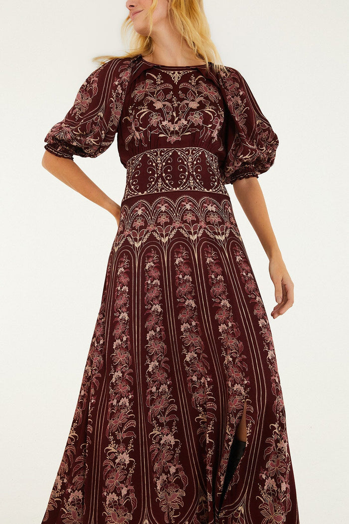 FARM Rio model wearing the Liz Burgundy Maxi Dress